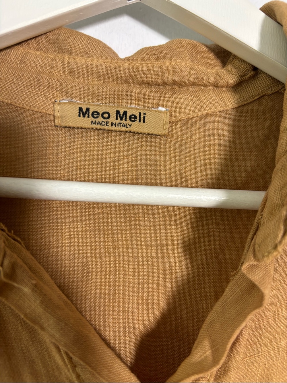 Meo Meli Italian Linen Dress M/L Camel Button Front Eyelet Trim Lagenlook Boho - Picture 2 of 10